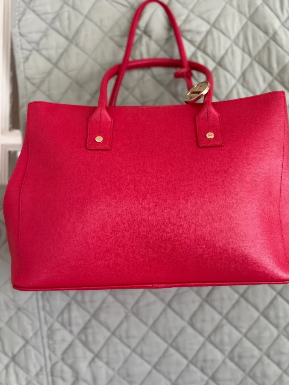 Furla Linda Saffiano Red Leather Top Handle Tote Bag Purse w/ Dustbag EUC
